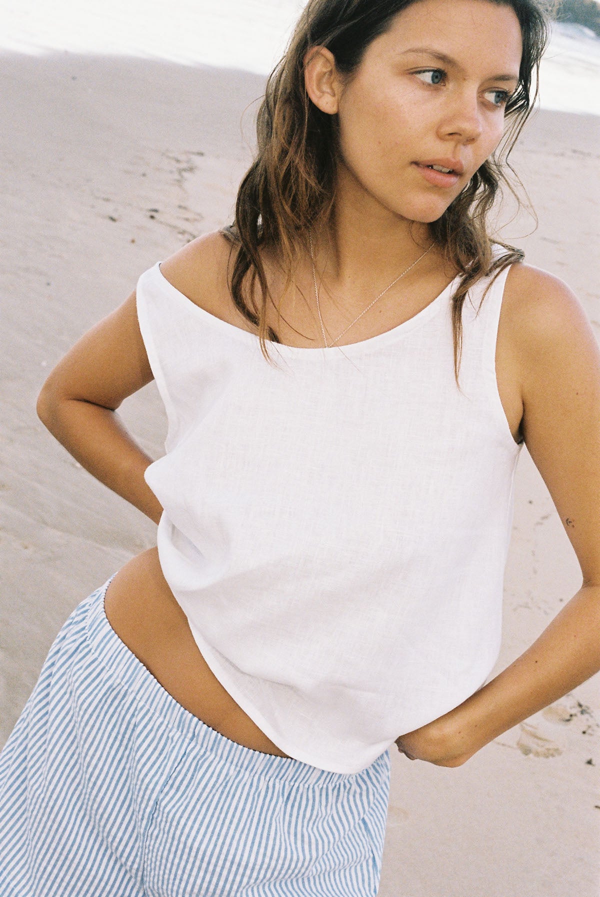 Long Seaside Linen Tank ~ Pure White